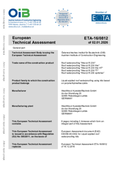 Wecryl R 230 - Produktprüfung ETA-16/0812 EAD 030350-00-0402 Wecryl R 230: Europäisch Technische Bewertung ETA-16/0812 nach EAD 030350-00-0402