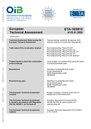 Wecryl Abdichtungssystem - Systemprüfung Prüfzeugnis ETA-16/0812 EAD 030350-00-0402 Wecryl R 230